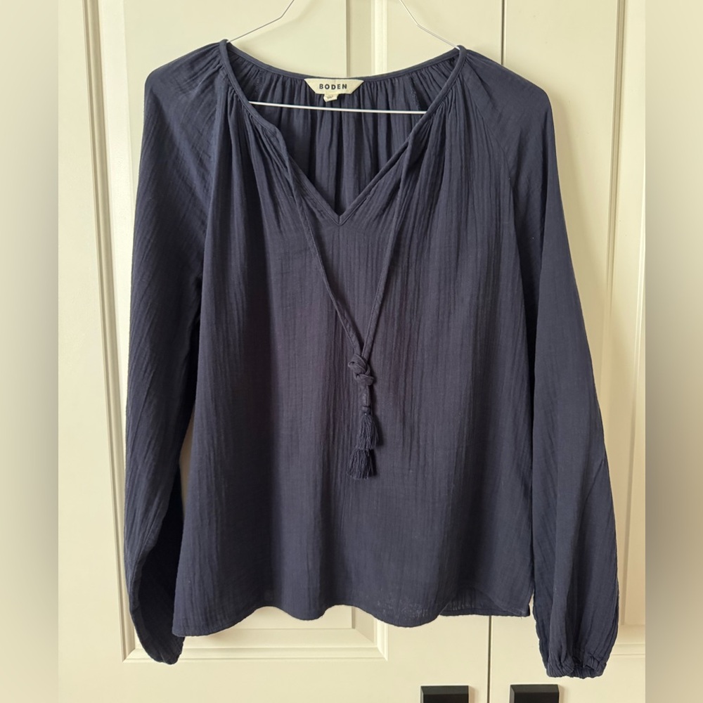 Boden Serena double cloth Deep Blue Blouse with Tassel Detail